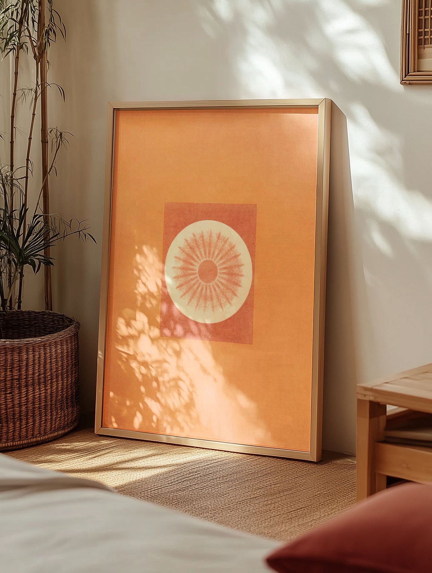 Desert Bauhaus VIII print framed in a minimalist living area, showcasing its soothing desert hues and mandala-inspired geometry.