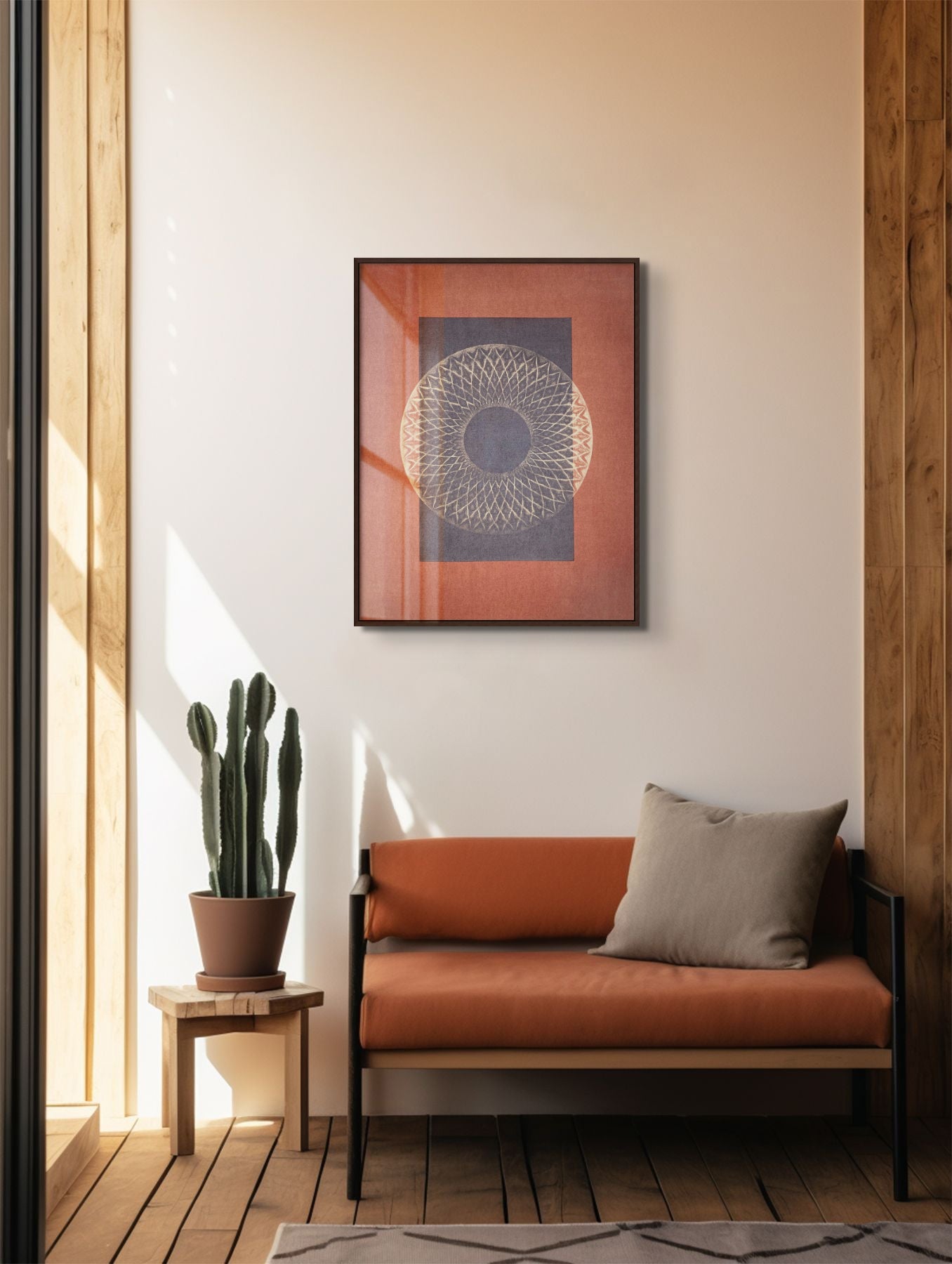 24x30 inch Color Field Mandala Print "Desert Bauhaus VI" displayed in a western styled room.