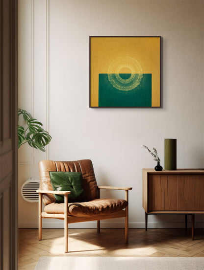 24x24 inch Yellow and Green colored Mandala Wall Art titled 'Siem Reap' hanging in elegant living room with leather chair and green pillow