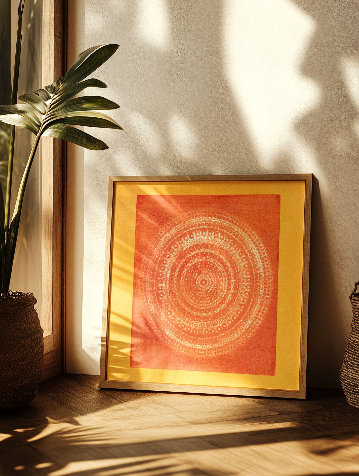 New Delhi art print framed in a tranquil living space, combining the vibrant spirit of India with calming mandala symmetry.
