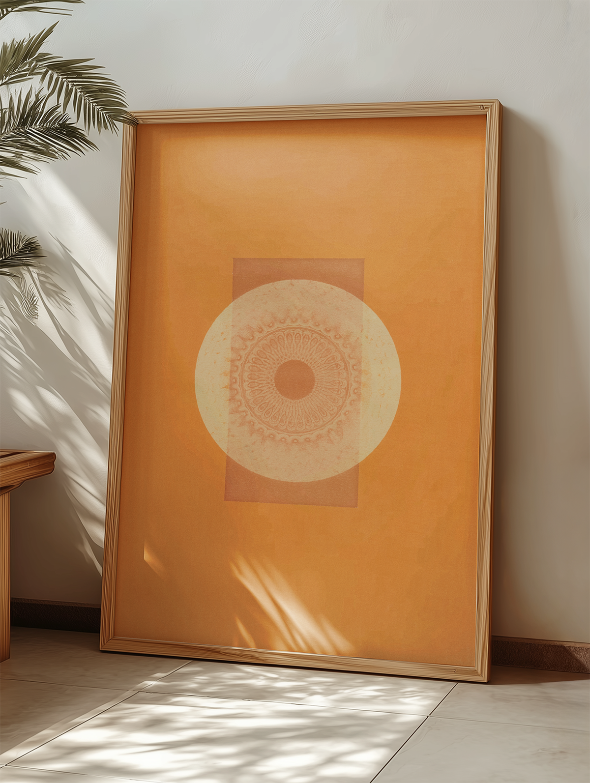  Desert Bauhaus VII mandala wall art displayed in a sunny room with minimalist decor.