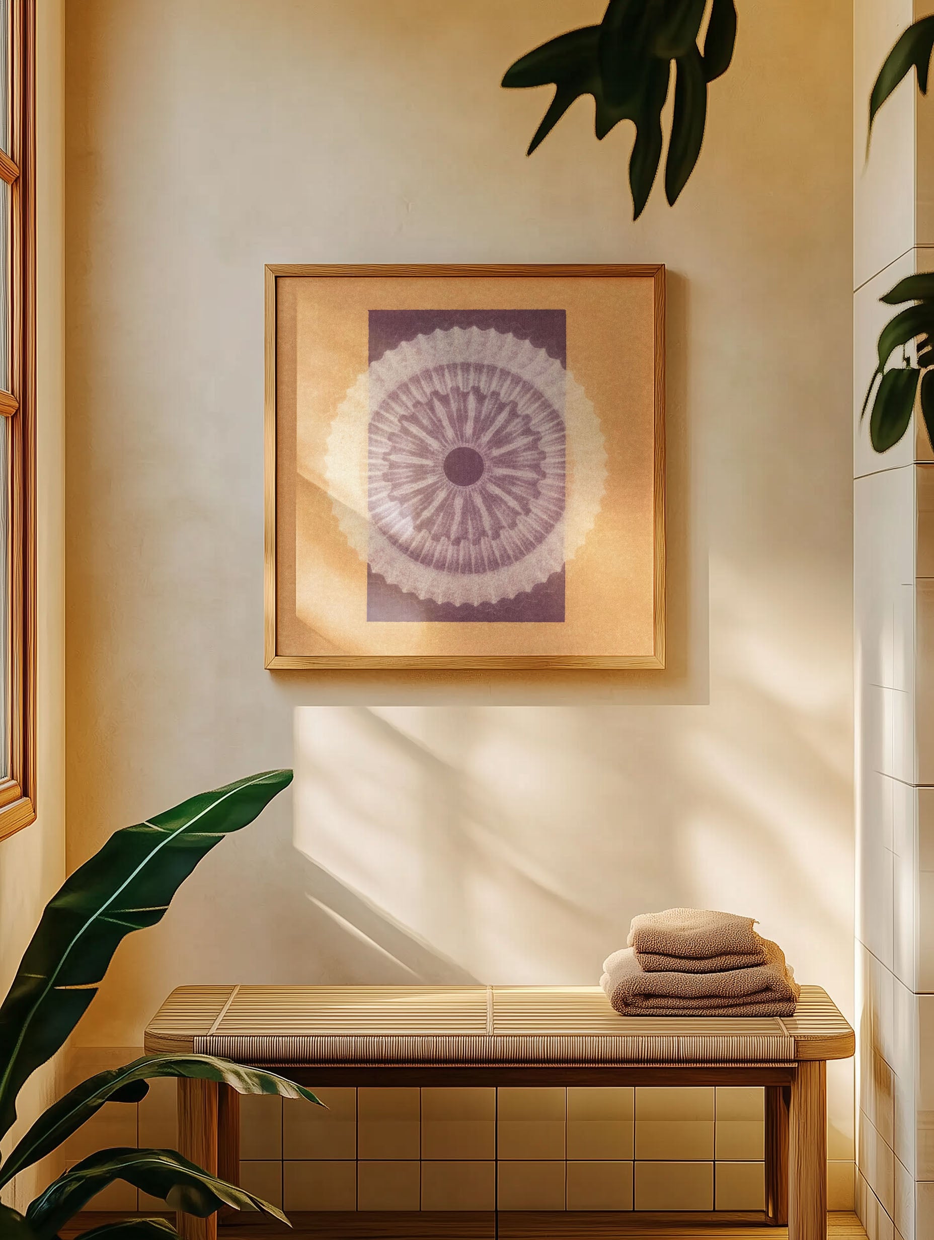 Dahab art print framed in a tranquil living room, featuring Egyptian-inspired tones and calming mandala abstraction.