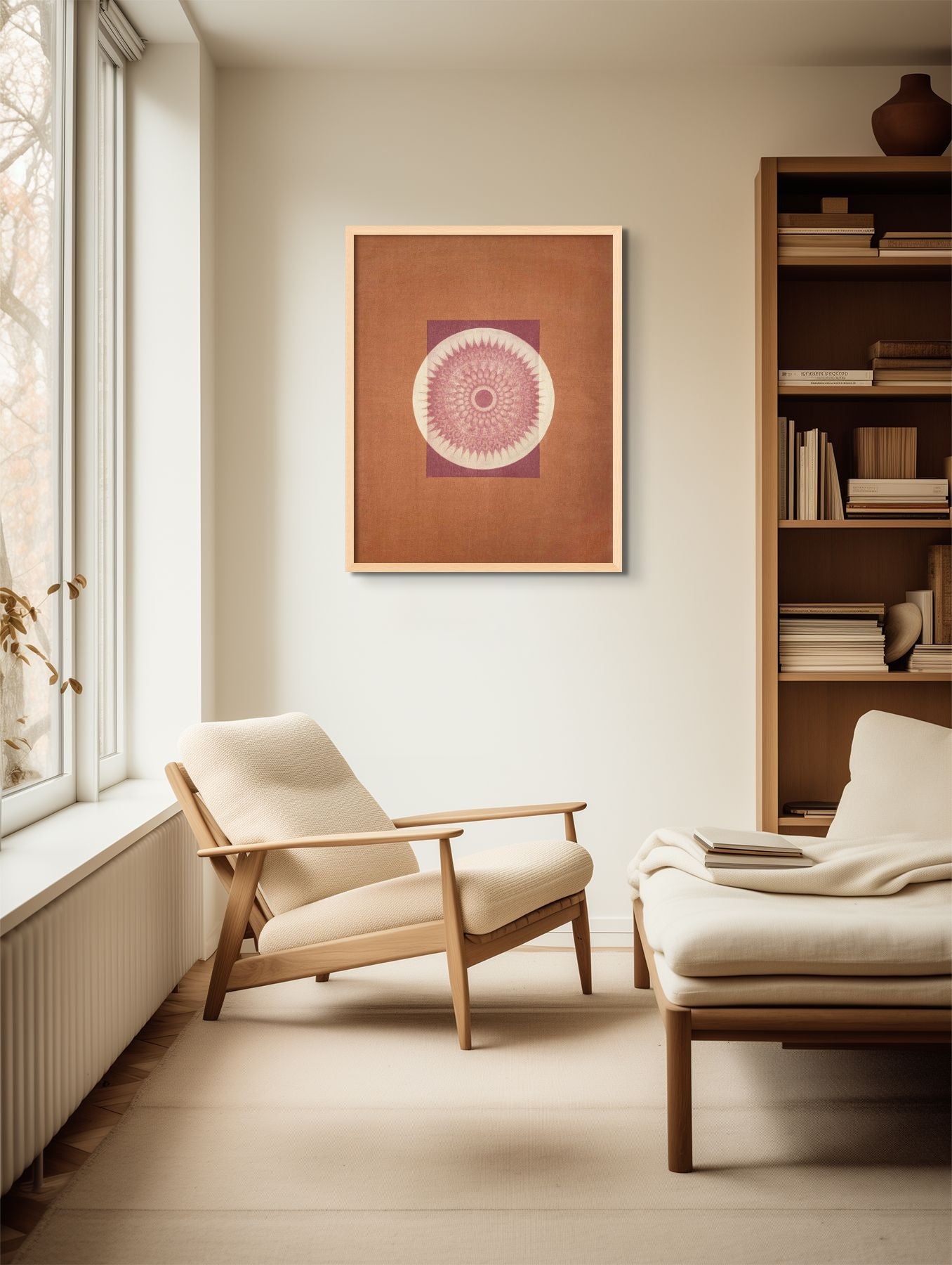 24x30 inch Mandala Wall Art print titled 'Desert Bauhaus XVII' in natural wood frame displayed in modern living room.