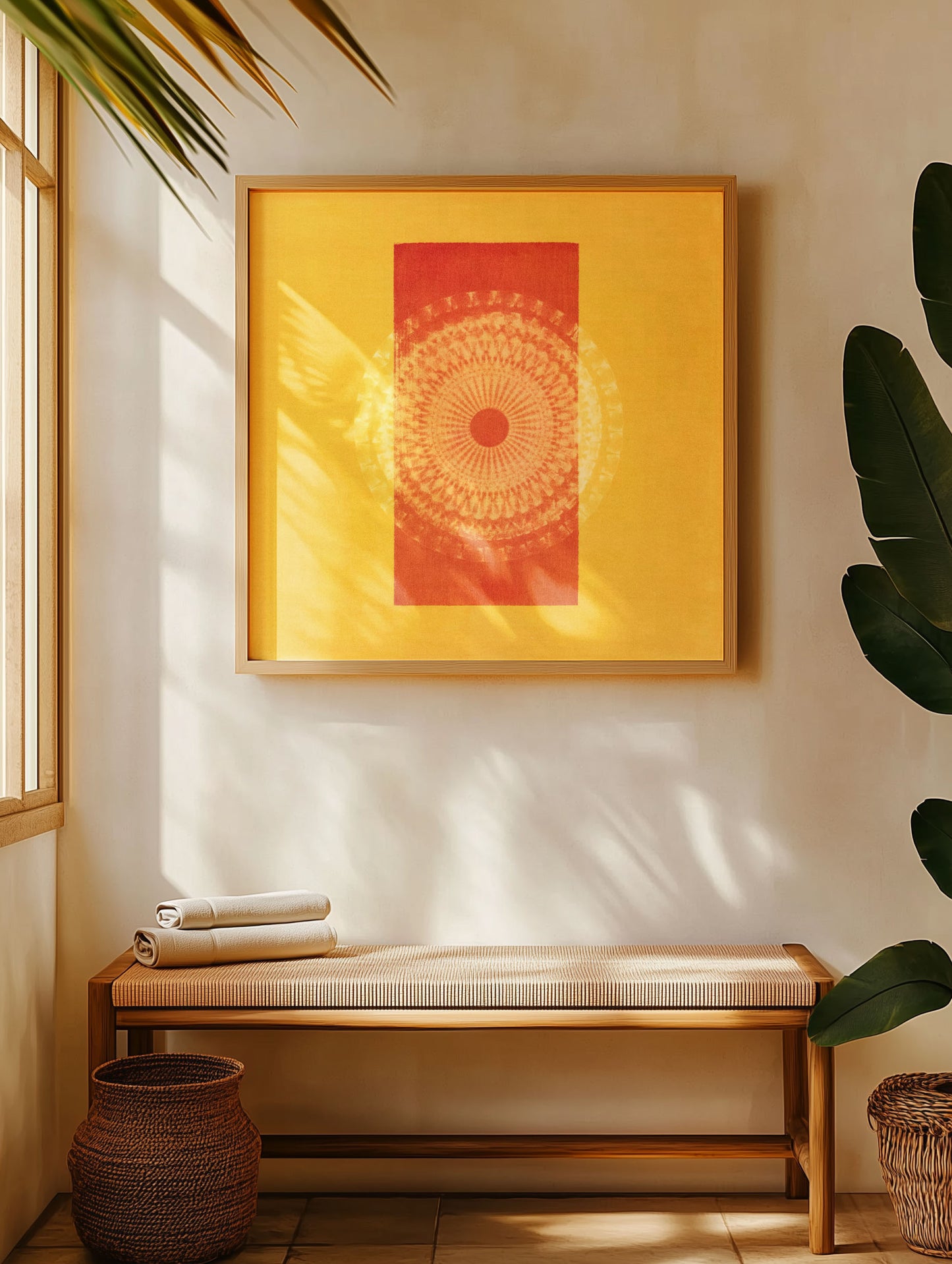 Kashi art print framed in a serene boho-style room, blending the spiritual depth of Varanasi with calming mandala design.