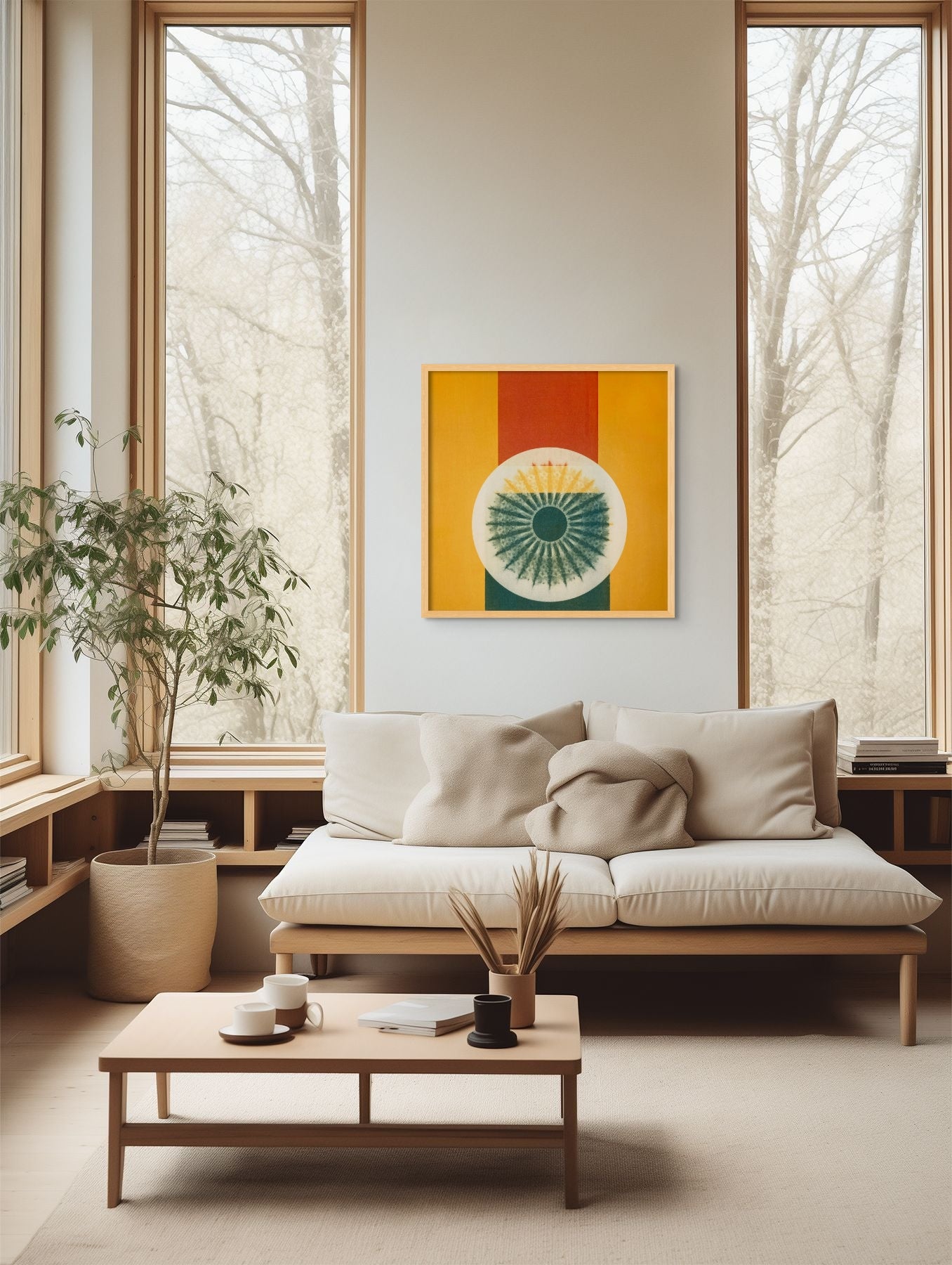 "Addis Ababa, Ethiopia" mandala wall print displayed in a bright modern living room, showcasing modern abstract art and unique prints for minimalist wall decor.