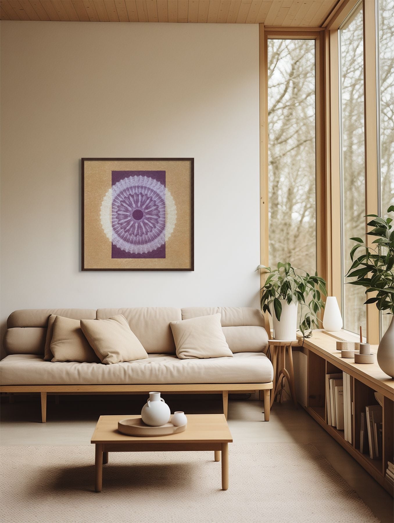 "Dahab, Egypt" mandala wall art, 24x24 inches, framed in square walnut frame, adorning a living room wall.