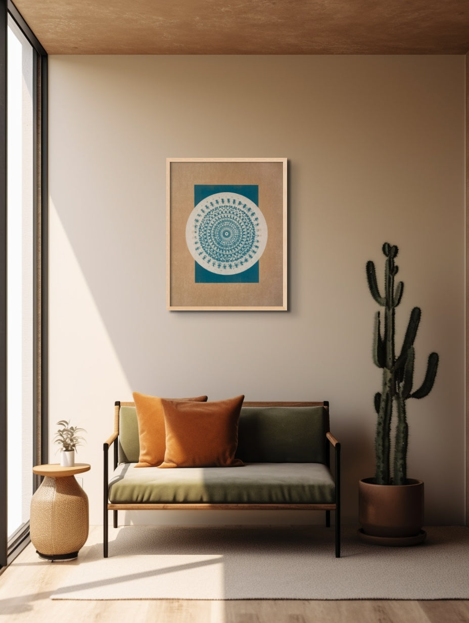 24x30 inch "Desert Bauhaus II" mandala print with muted tan and greenish blue colors, displayed in a white frame within a western style living room.