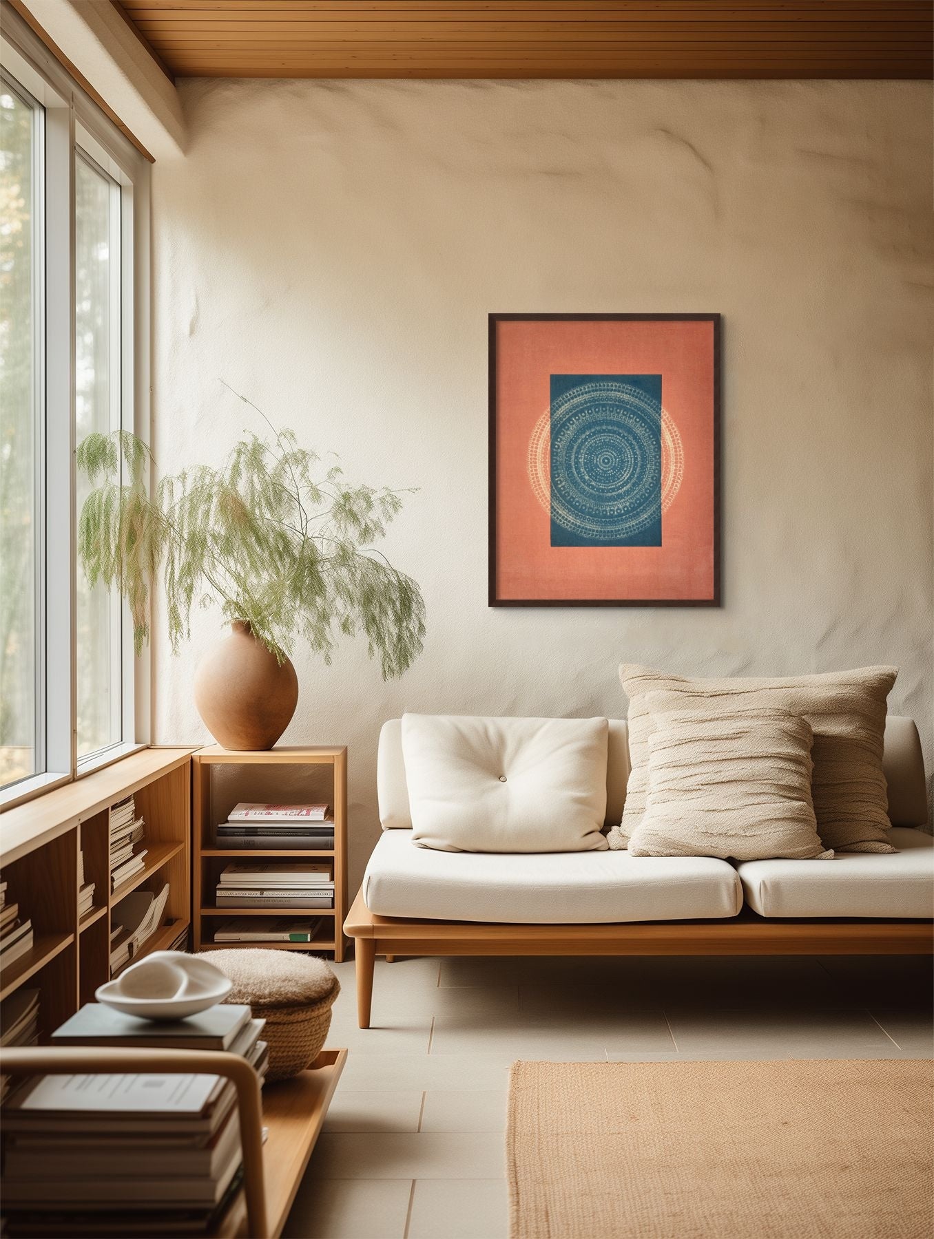 "Desert Bauhaus III" mandala print, 24x30 inches, framed in walnut, complementing muted red and blue tones in a modern living room setting.