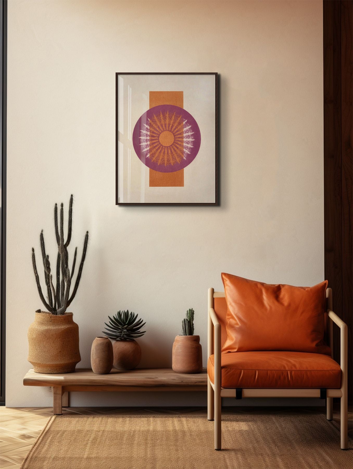 "Desert Bauhaus I" mandala print, 24x30 inches, in purple and orange hues, framed in walnut, displayed in a western-style room.