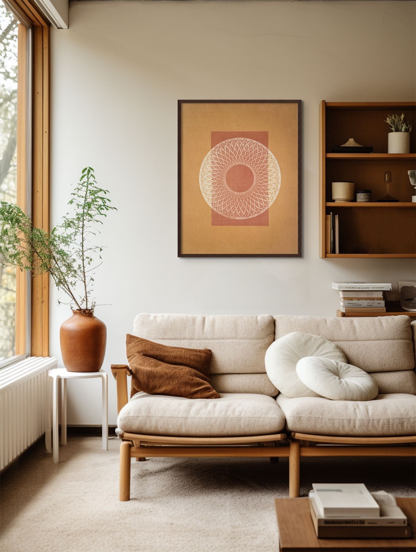 24x30 inch mandala wall print titled "Desert Bauhaus V," hanging on the wall of a modern living room.