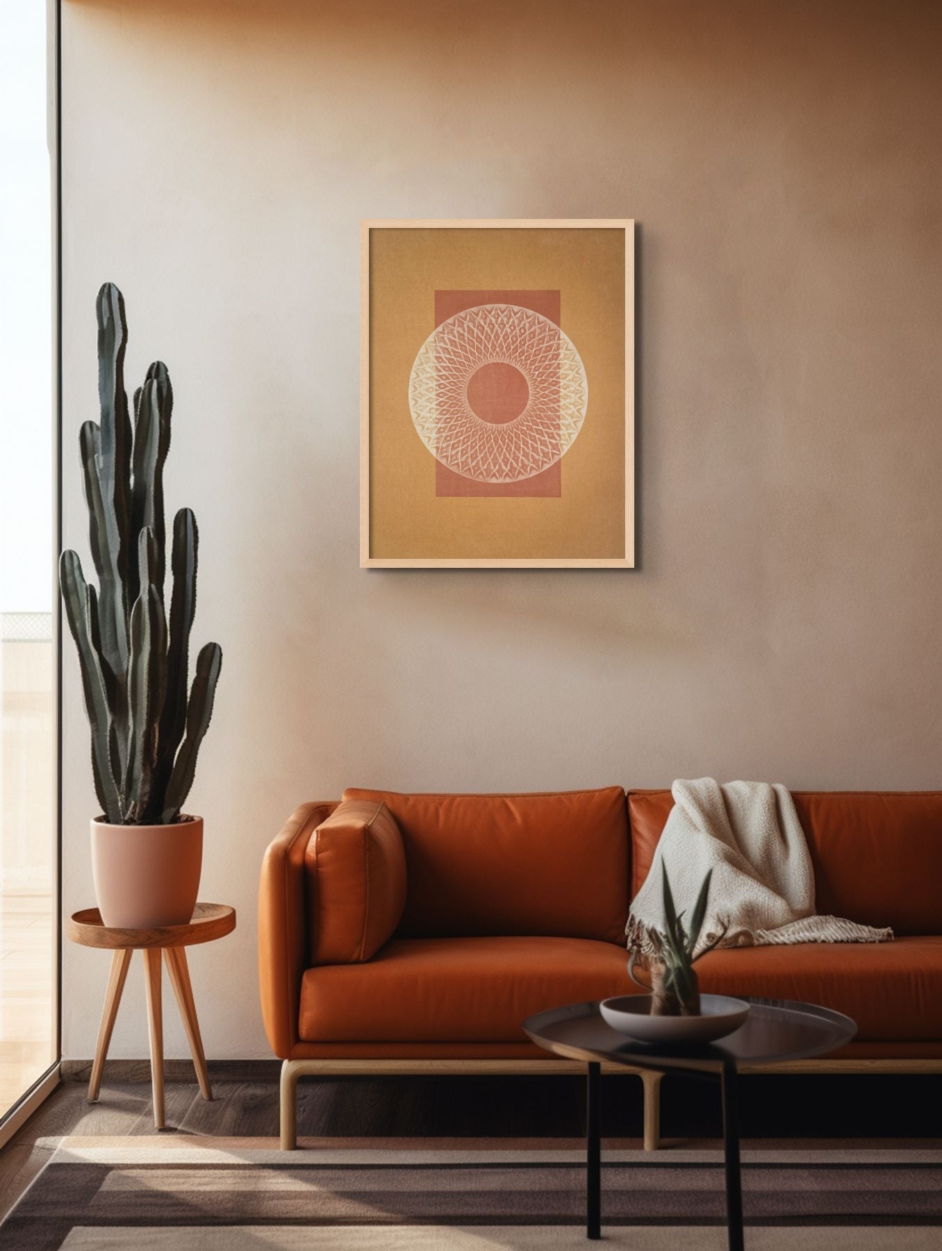 24x30 inch mandala wall print titled "Desert Bauhaus V," hanging in western styled living room.