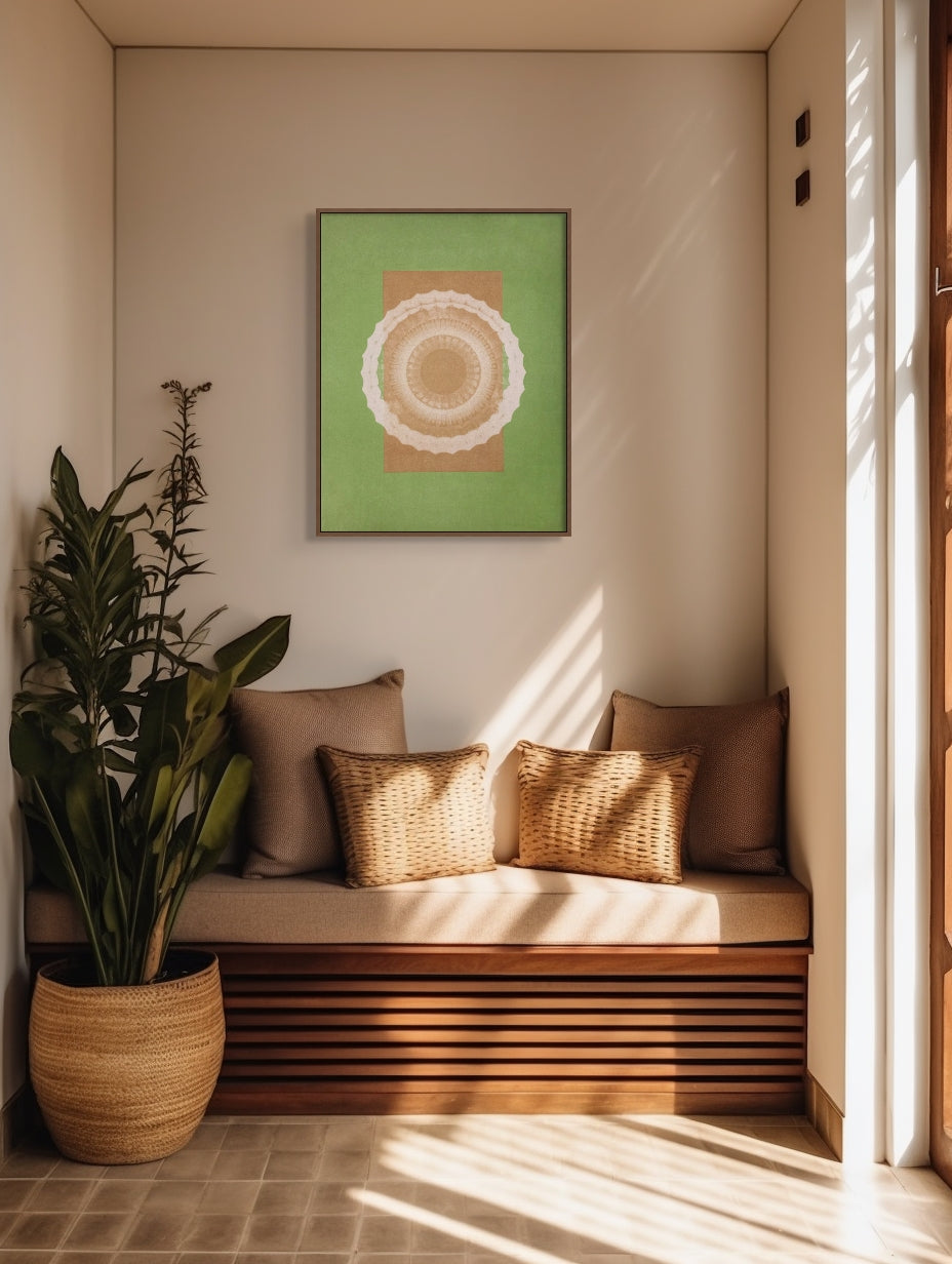 24x30 inch Color Field Mandala Print titled, "Desert Bauhaus X," in walnut frame.