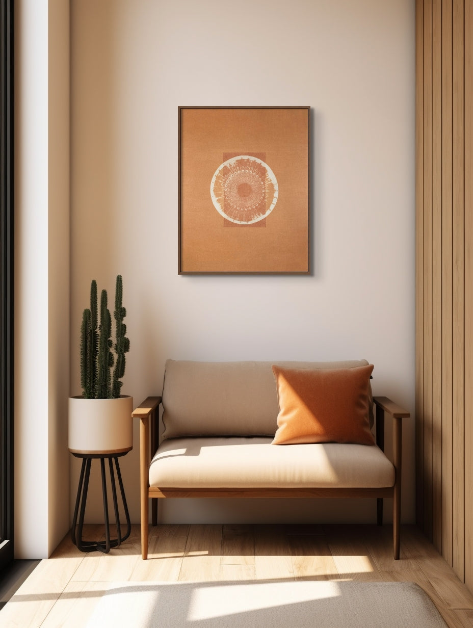 24x30 inch Mandala Wall Art titled, "Desert Bauhaus XIII" displayed in western styled room.