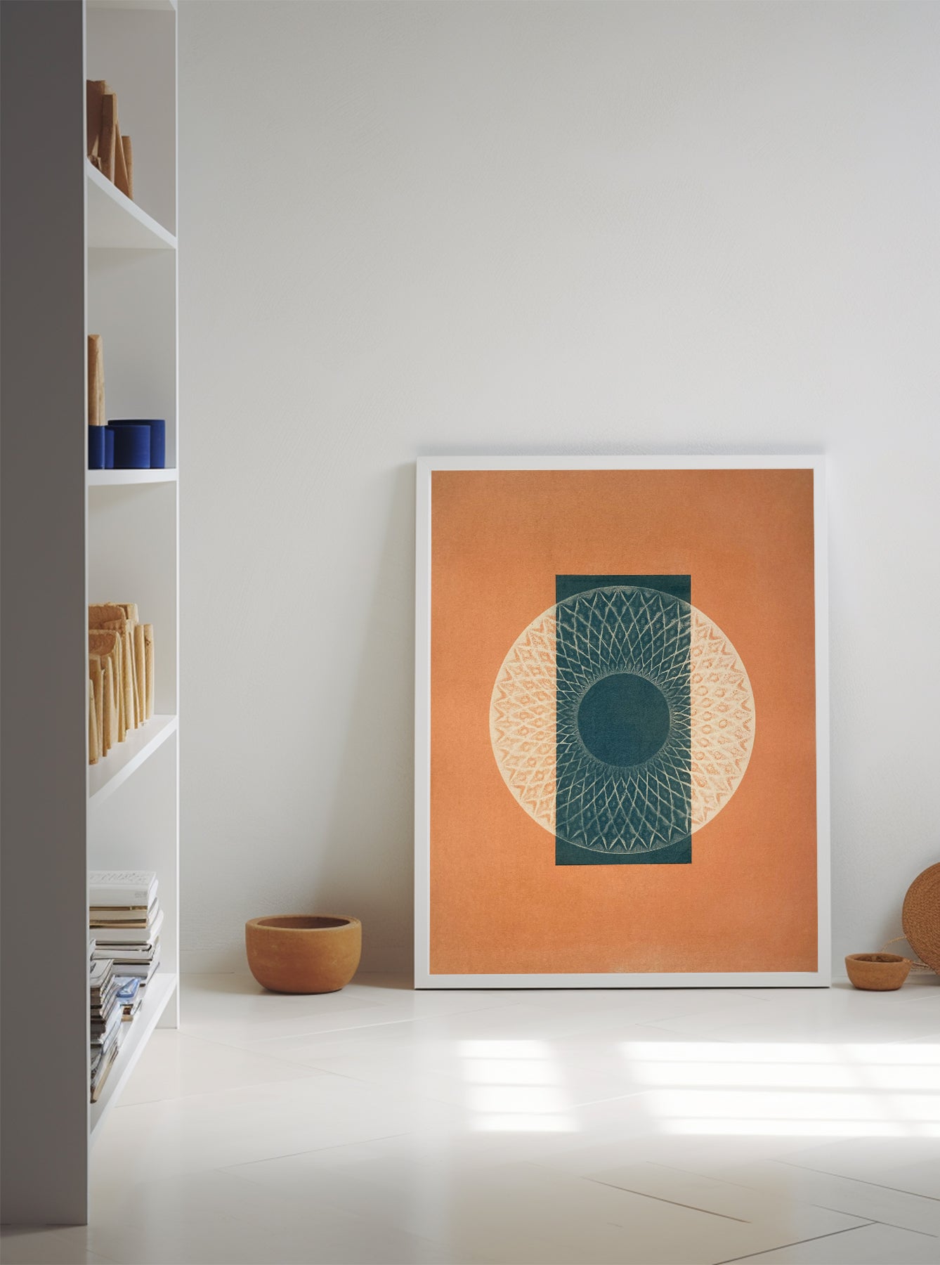 "Desert Bauhaus XIV" Mandala Wall Art Print in White Frame - 24x30 inches - Studio Display.