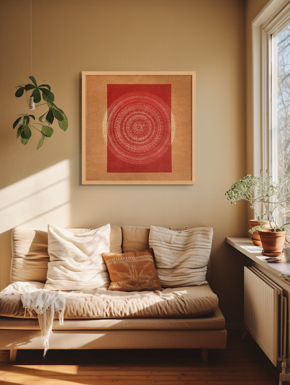 Mandala Wall Art titled 'Hampi, India' displayed in bright living room.