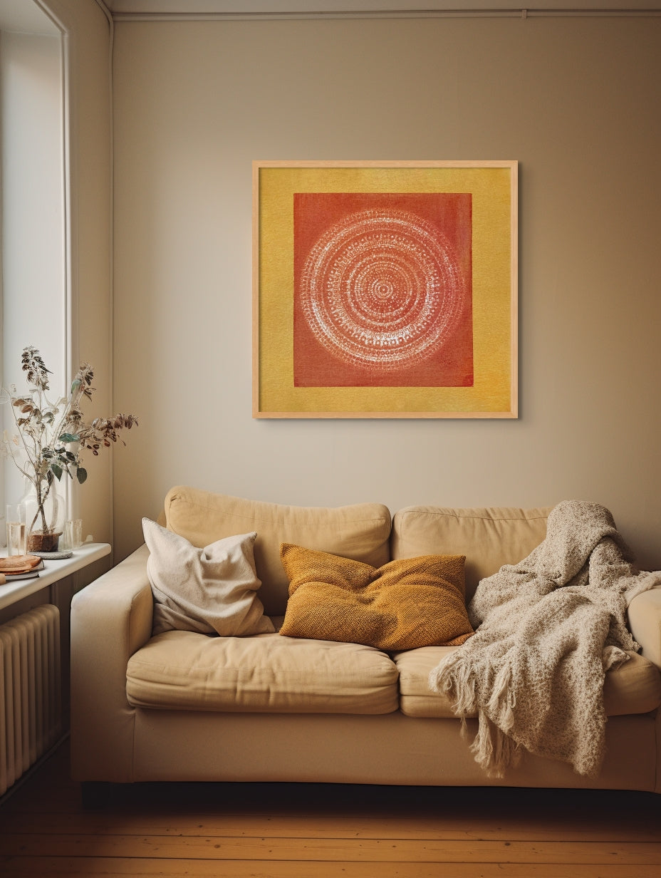 24x24 Mandala Wall Art titled 'New Delhi, India' displayed in modern home.