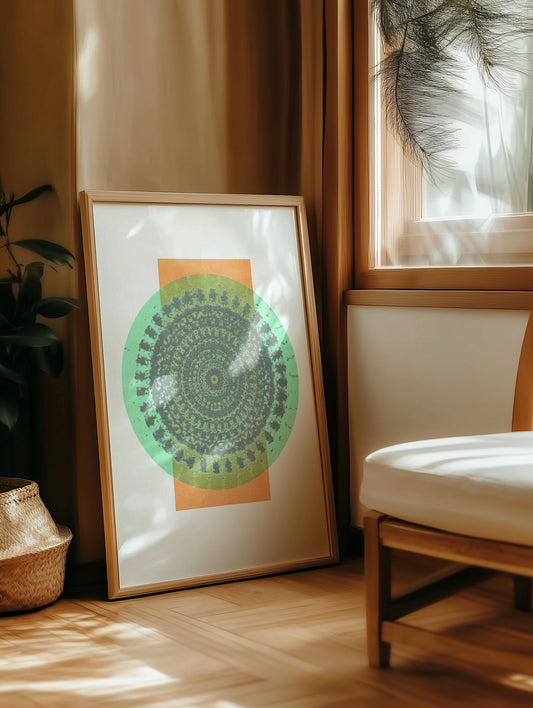 Medina II mandala art framed in a cozy boho interior, balancing tradition and modern design with Moroccan hues.