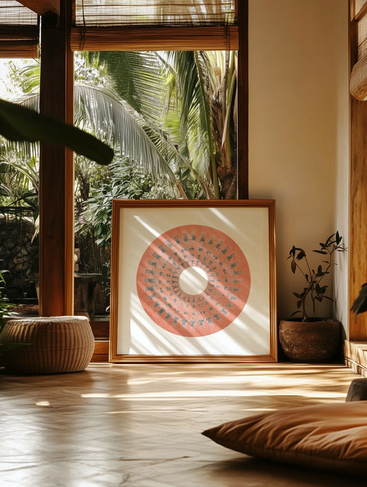 Medina IV mandala print framed in a modern living room, combining ancient design roots and minimalist abstraction for a meditative focal point.