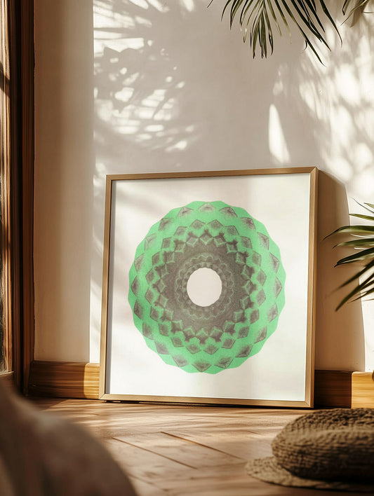 Medina IX framed print displayed in a cozy reading nook, showcasing warm Moroccan-inspired tones and calming mandala symmetry.