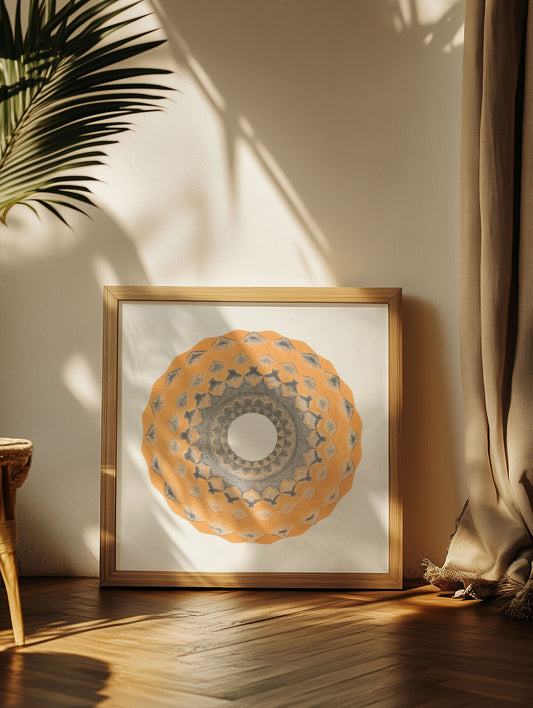 Medina V print framed in a light-filled bohemian study, showcasing meditative symmetry and warm Moroccan-inspired tones.