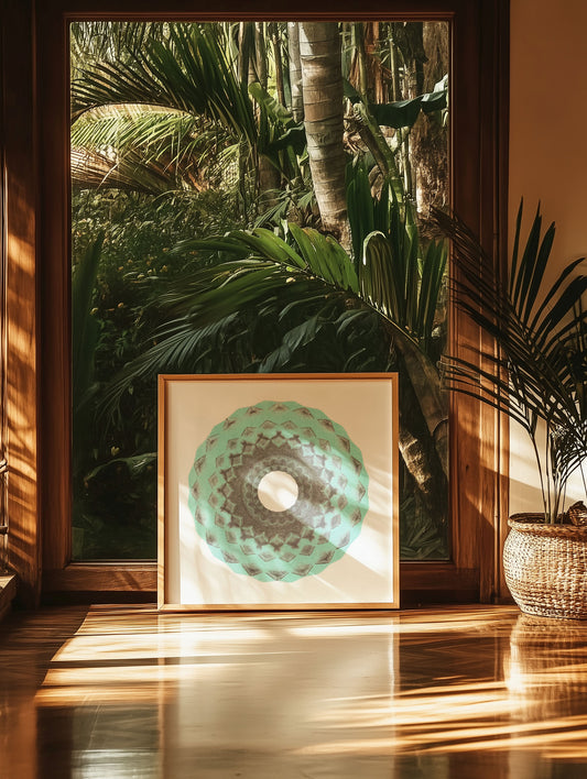 Medina XIII framed art displayed in a sunlit dining area, combining meditative mandala design with Moroccan color influences.