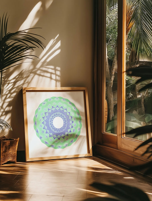 Medina XII print framed in a serene boho bedroom, offering a Moroccan-inspired palette and meditative geometry for a calming aesthetic