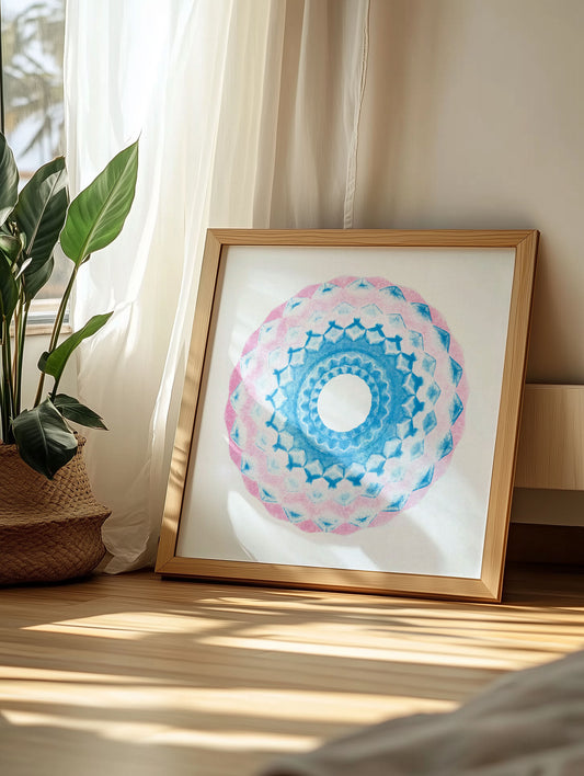 Medina XIV framed in a boho-chic living room, featuring Moroccan-inspired mandala art with warm and balanced tones.