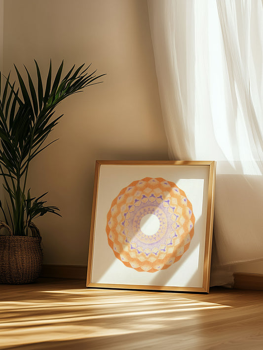 Medina XI framed artwork styled in a peaceful home, featuring Moroccan-inspired mandala design and modern abstraction.