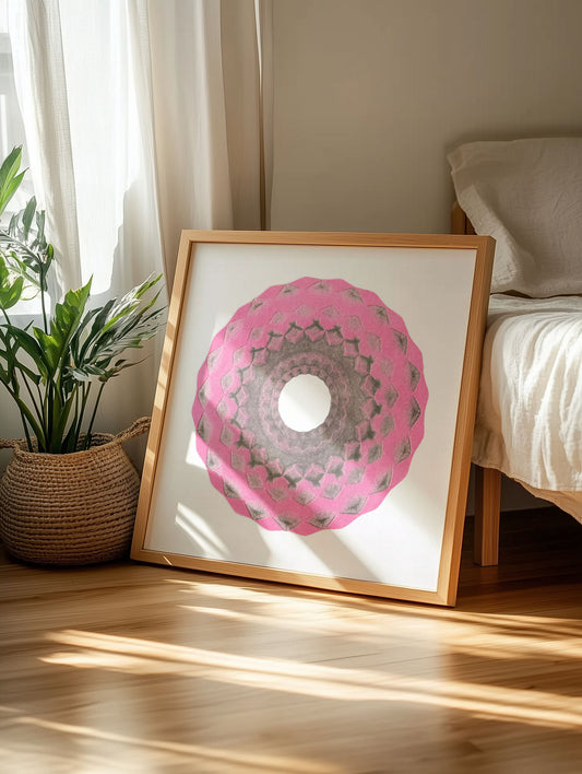 Medina X mandala print framed in a minimalist bedroom, adding Moroccan-inspired pastels and subtle warmth to the decor.