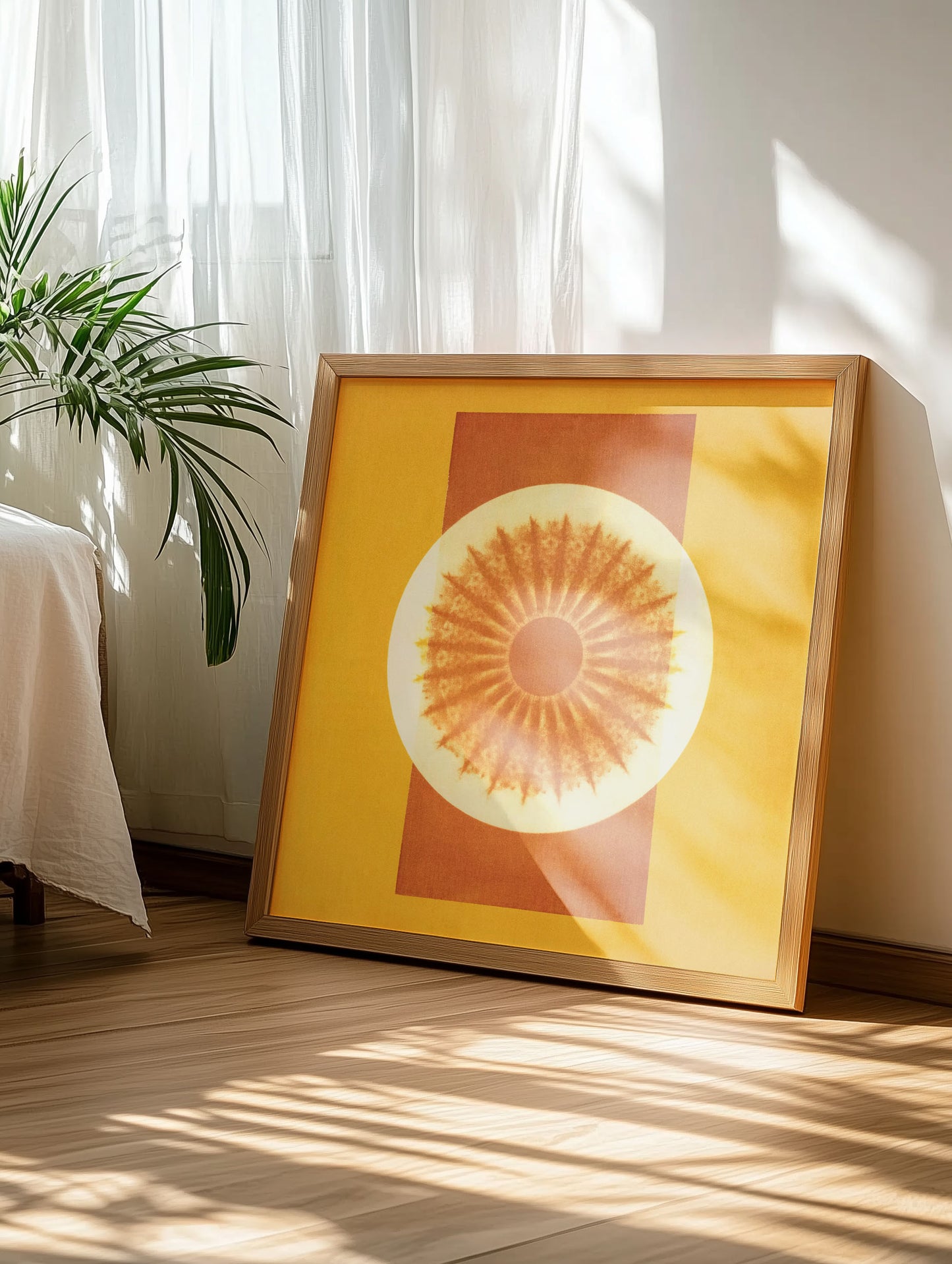 Mumbai art print framed in a contemporary living room, showcasing India inspired colors and meditative mandala abstraction.